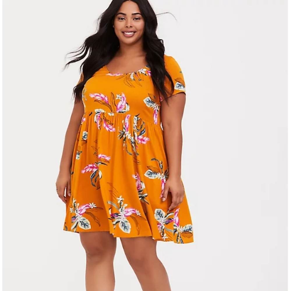 GOLDEN ORANGE TROPICAL PRINT CHALLIS SKATER DRESS - Torrid
